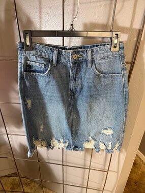 KanCan  Denim Distressed Mini Skirt - Light Blue